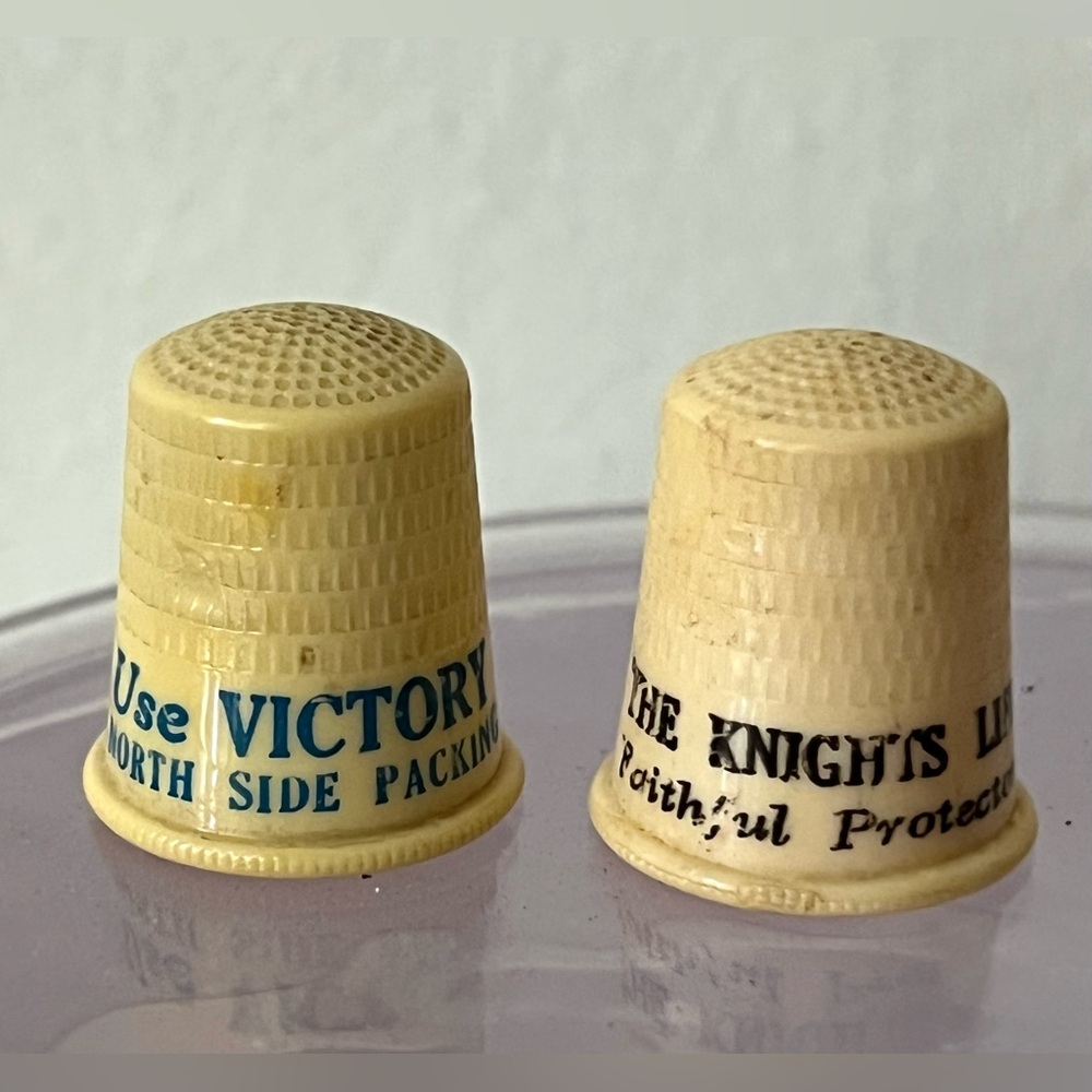 Set of 2 VTG Plastic Advertising Thimbles Victory Meat & Knight's Life Insurance